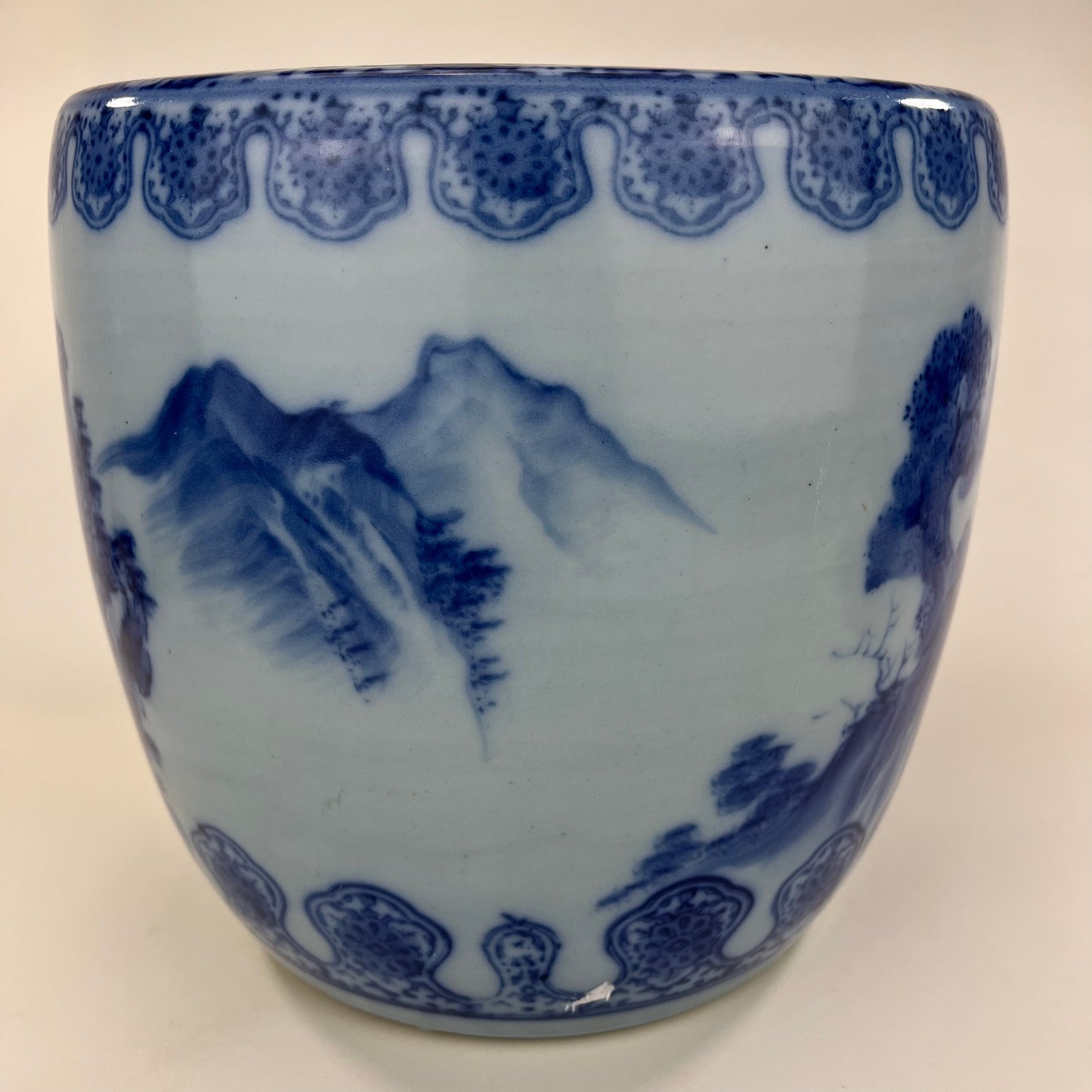Antique Japanese Meiji Era Ceramic Blue & White Hibachi Brazier mountans & water 10.5”