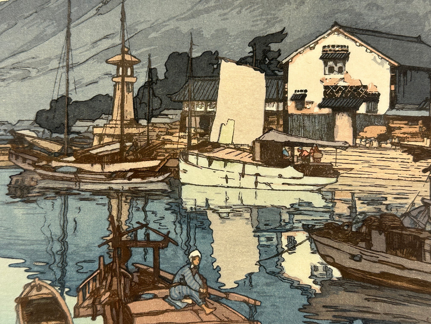 Hiroshi Yoshida Woodblock Print "Harbor of Tomonoura" 1930 Original