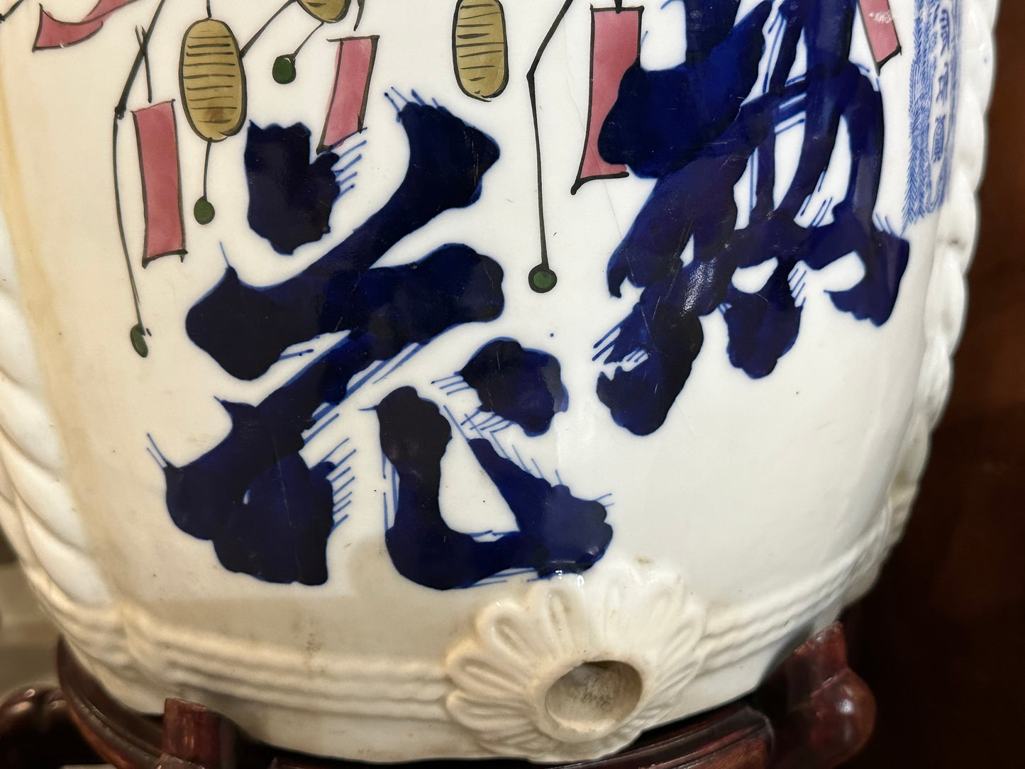 Antique Japanese (c 1920) Hand Painted Sake Tokkuri Jug Blue & White 15"