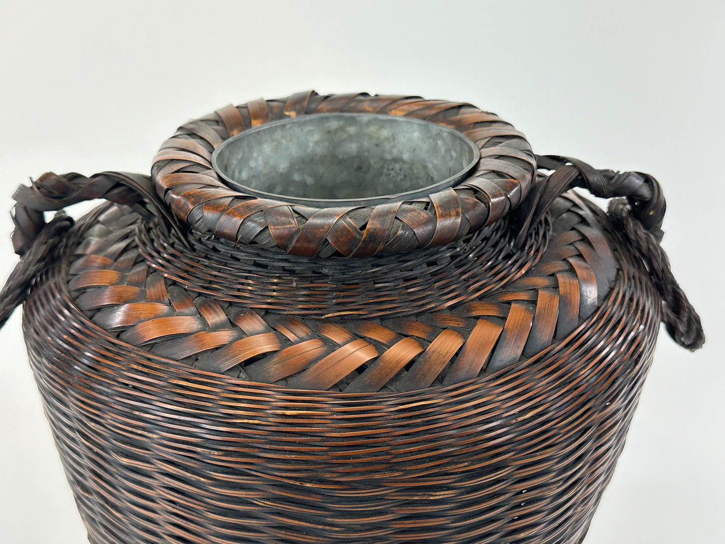 Antique Japanese Ikebana Basket w/ Metal Water Container 11"