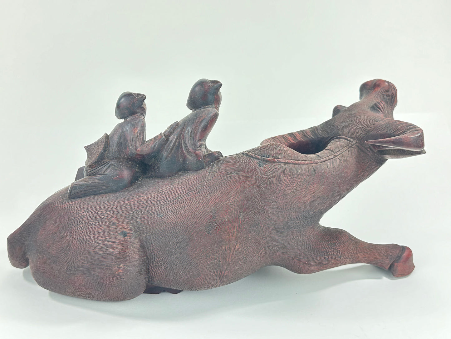 Antique Chinese Hand Carved Wooden Sculpture Buffalo & Children 14”