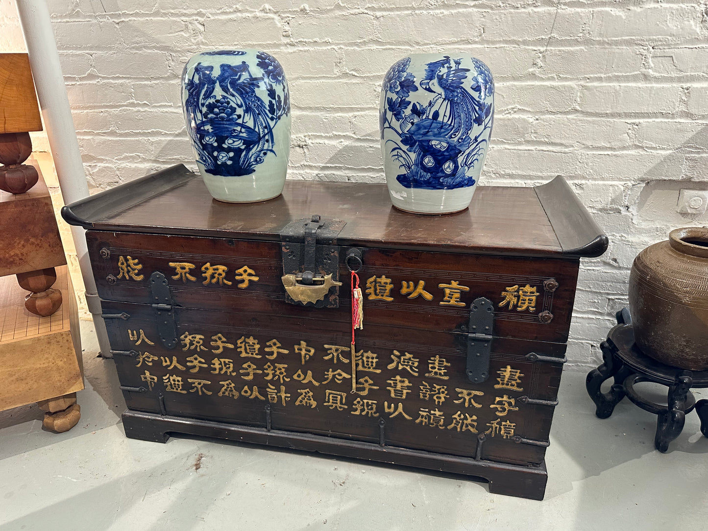 Antique Korean Trunk Chest w/ Calligraphy Koi Lock