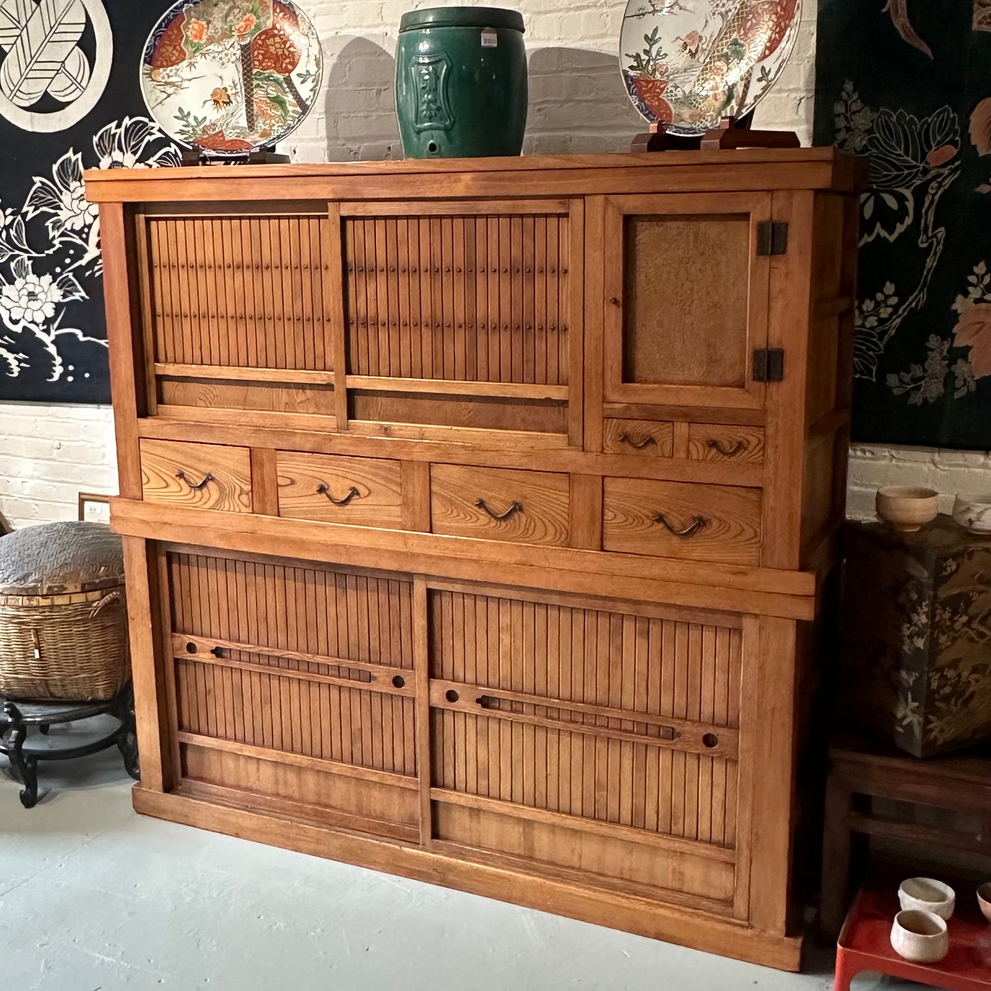 Antique Japanese Kitchen Tansu Meiji Era c1890's Keyaki & Sugi Wood Tansu Chest 6'