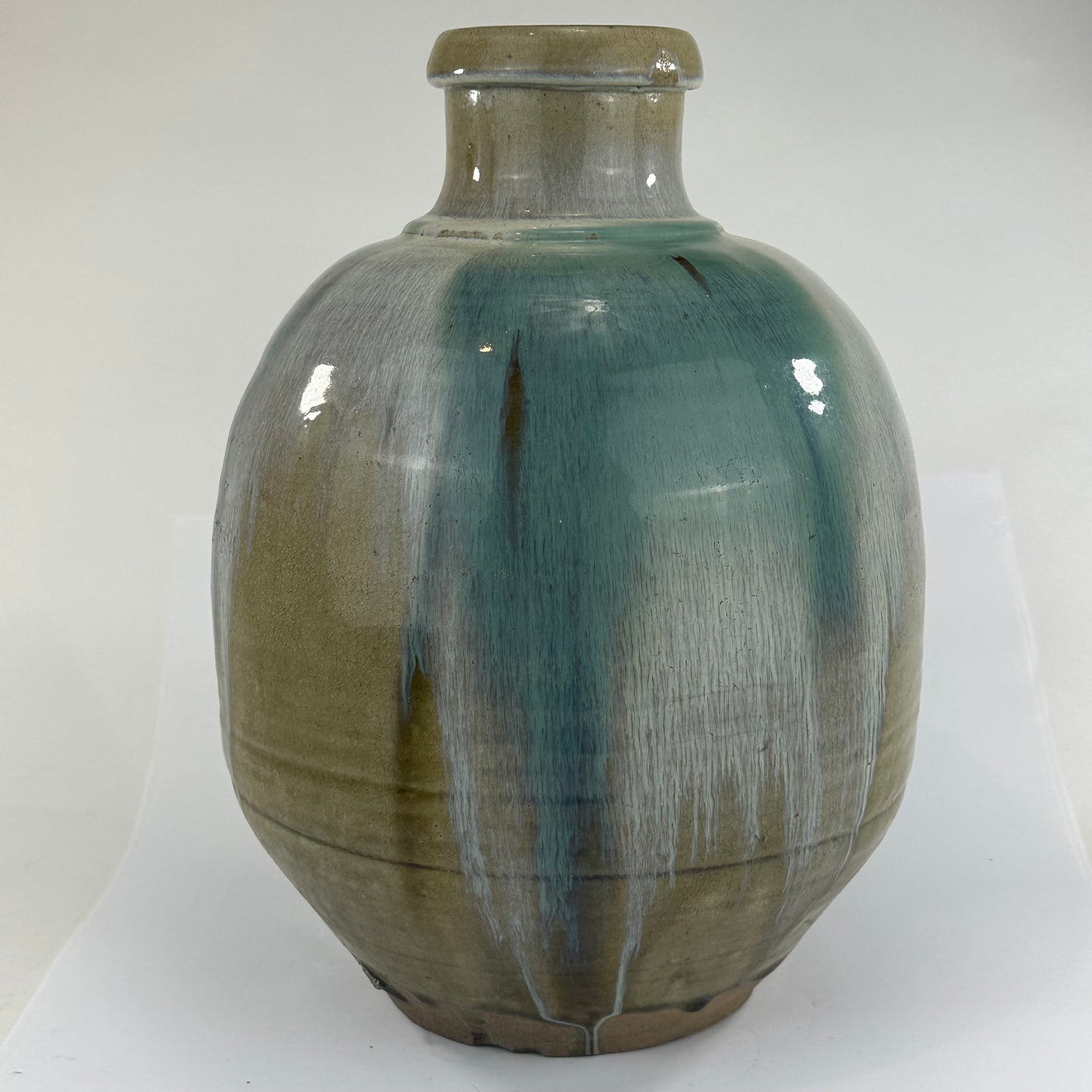 Antique Japanese Tsubo Urn Blue-Green Shigaraki Drip Glaze 16"H