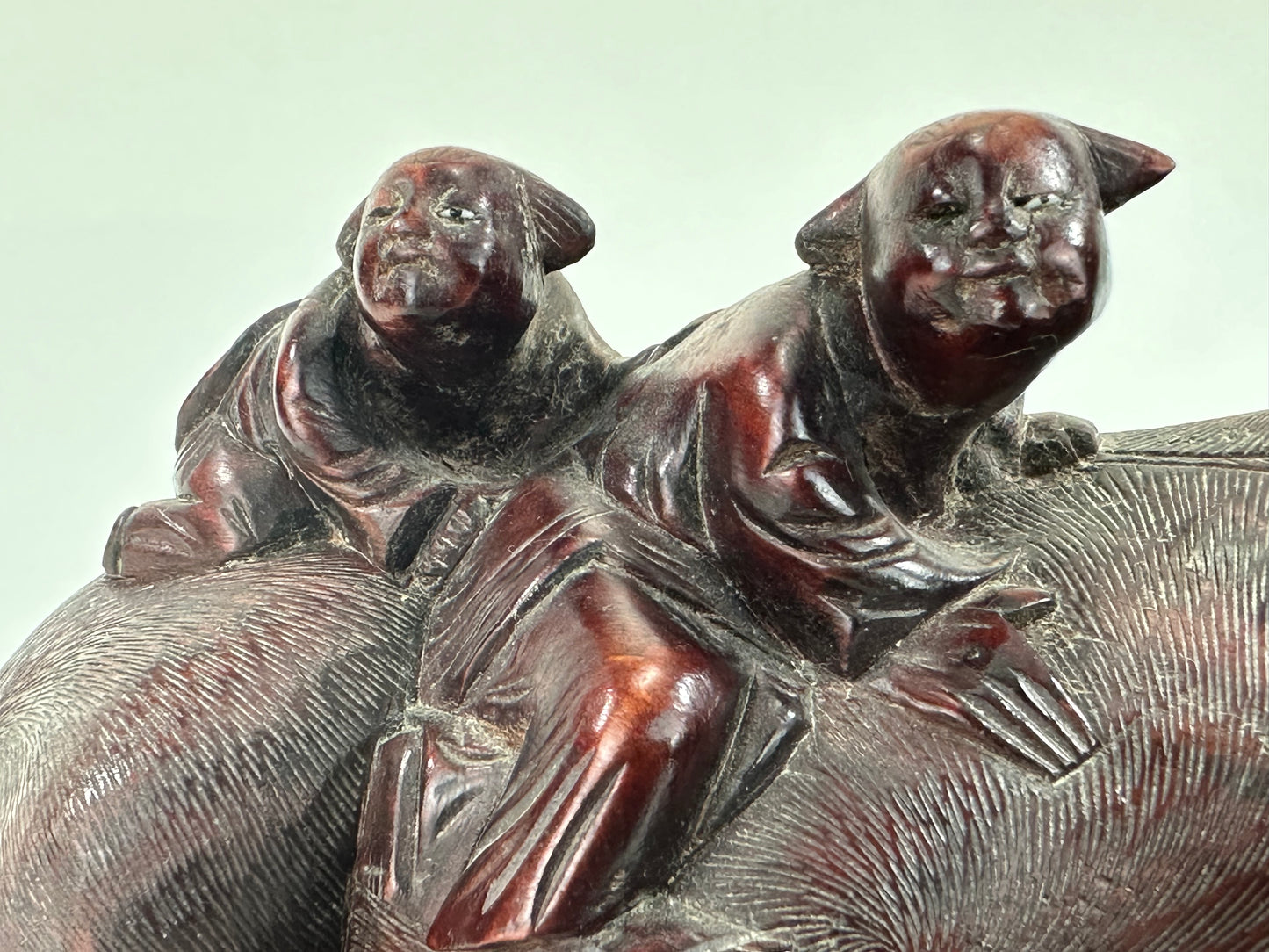 Antique Chinese Hand Carved Wooden Sculpture Buffalo & Children 14”