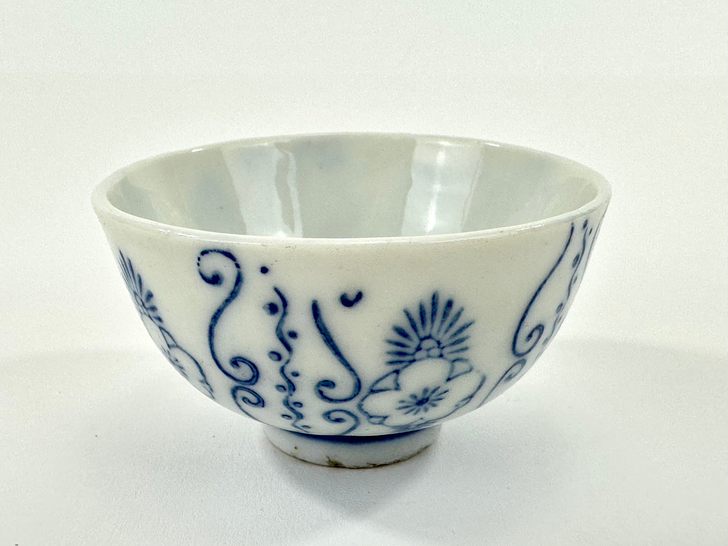 Antique Japanese Porcelain Cup with Blue Floral Pattern 3"