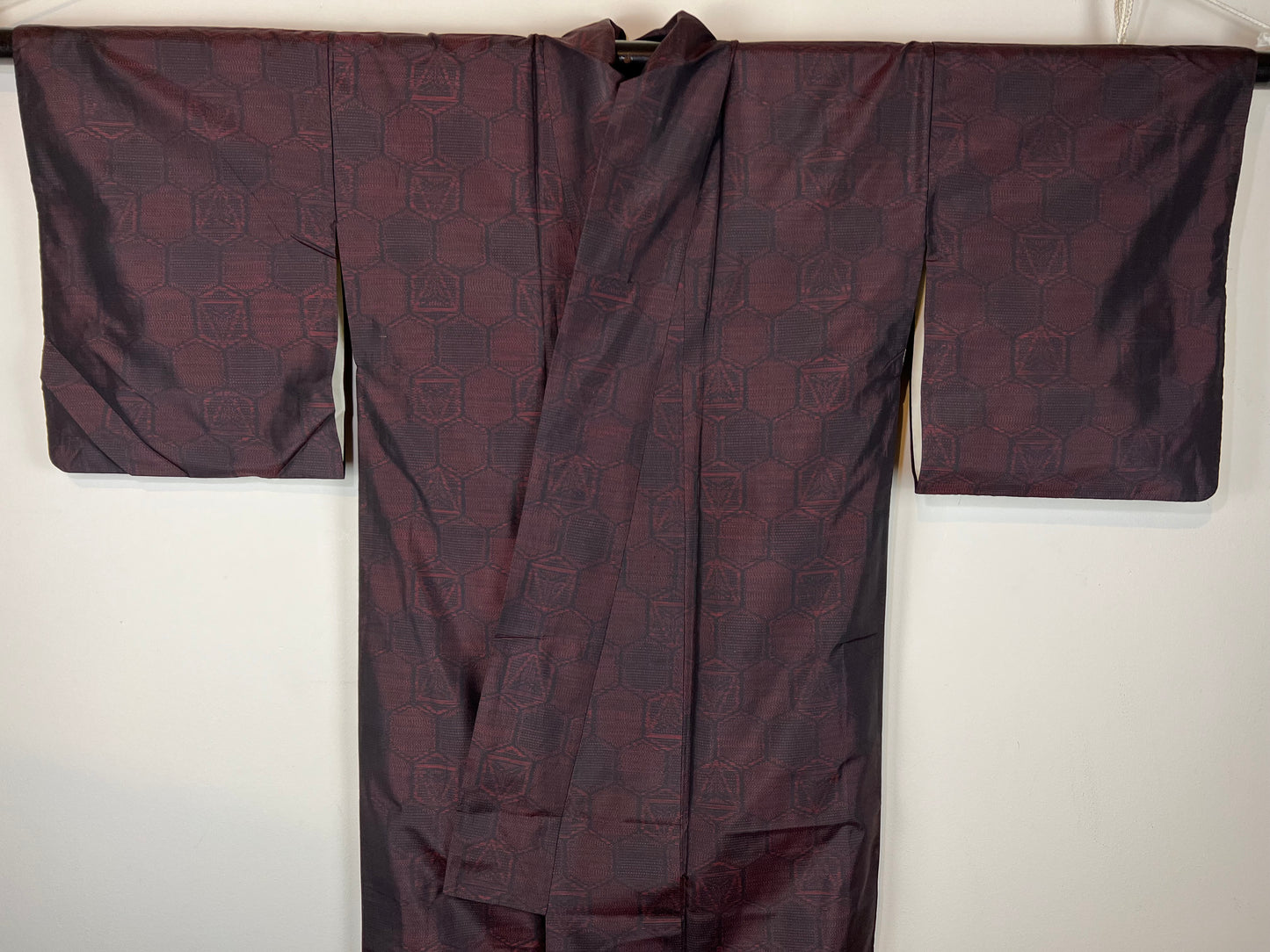 Vintage Japanese Silk Kimono Ruby Red & Black Hexagon Pattern 63"L