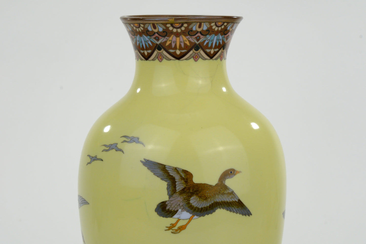 Antique Japanese Meiji Era (c1880) Cloisonné Vase Geese in Flight Yellow 10”