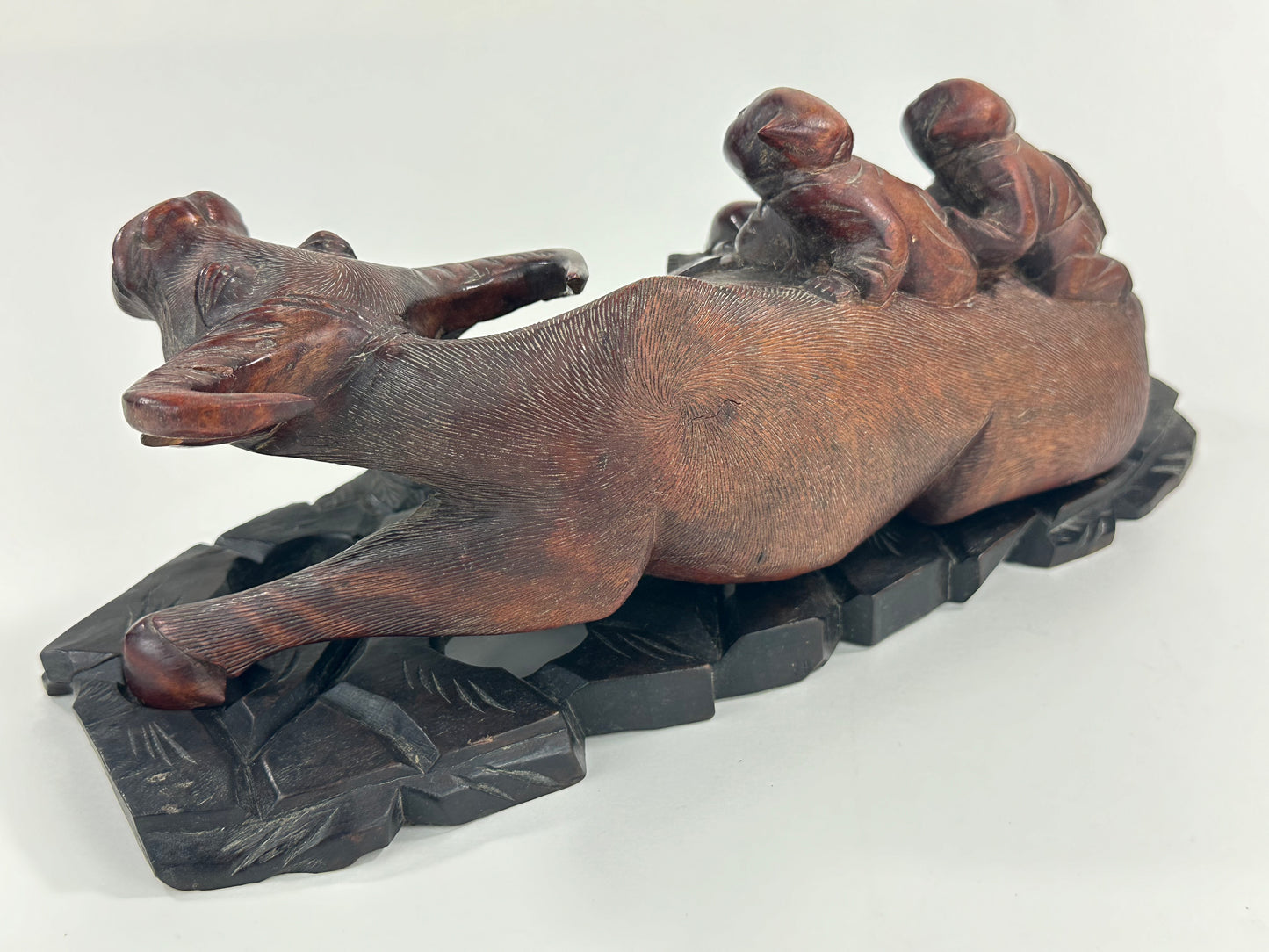 Antique Chinese Hand Carved Wooden Sculpture Buffalo & Children 14”