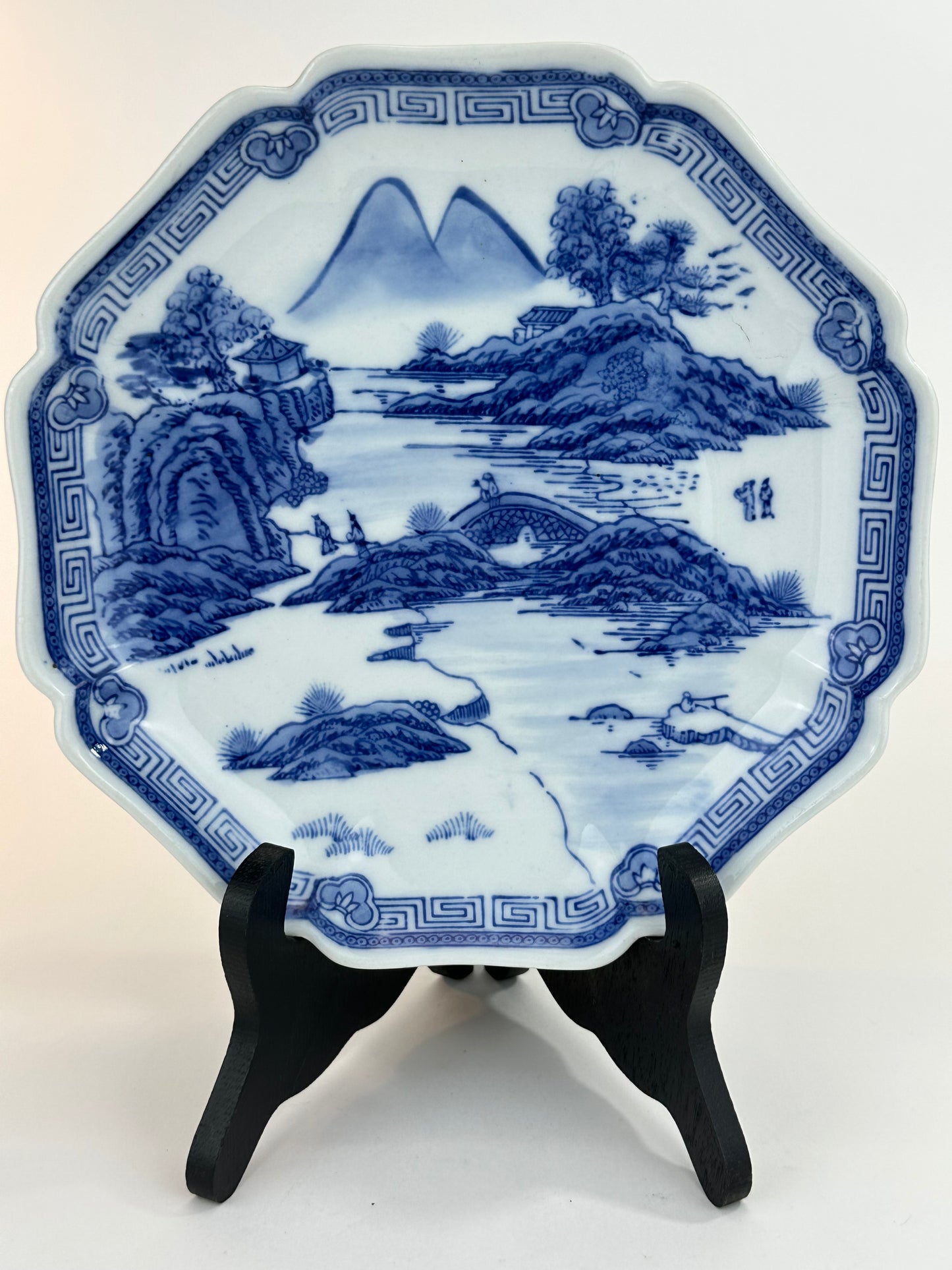 Antique Japanese Late Meiji c1910's Blue & White Scenic Porcelain Plate 8.5"W