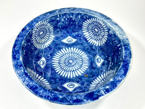 Antique Japanese Imari Sometsuke Blue White Porcelain Bowl Kiku Hanazume Late Edo 19th 8"W
