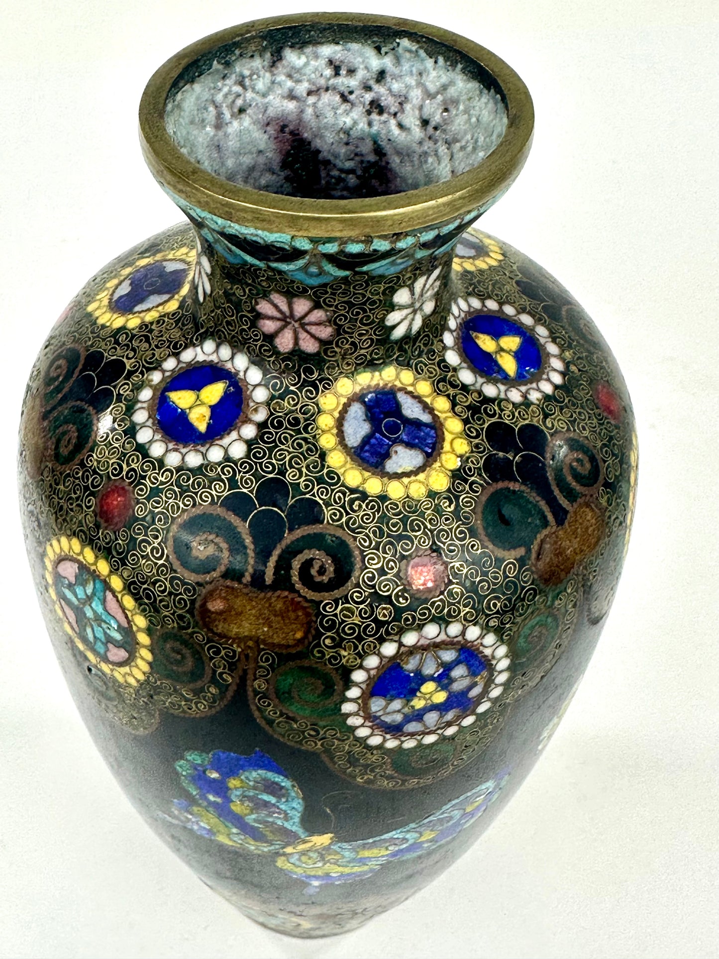 Antique Japanese Meiji Era (c1880) Cloisonné Vase Butterflies 7.5”