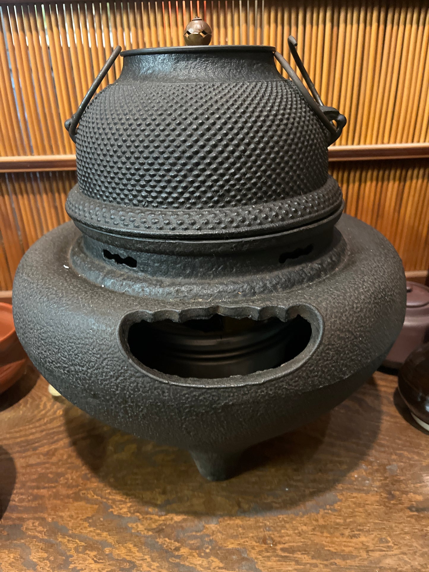 Antique Japanese c.1930's Cast Iron Tea Ceremony Furogama with Electric Sumi Element