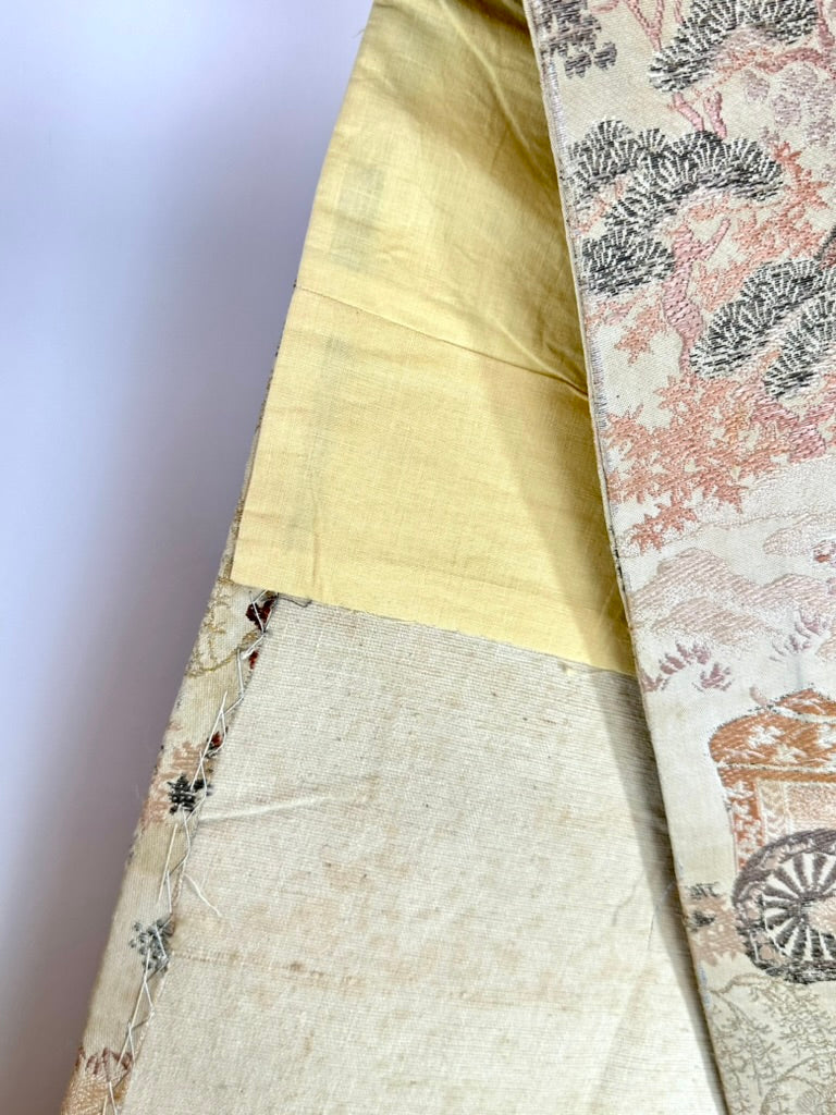 Antique Japanese Silk Obi Pictorial Garden Pavilion Bridge Genji Wheel 12'L