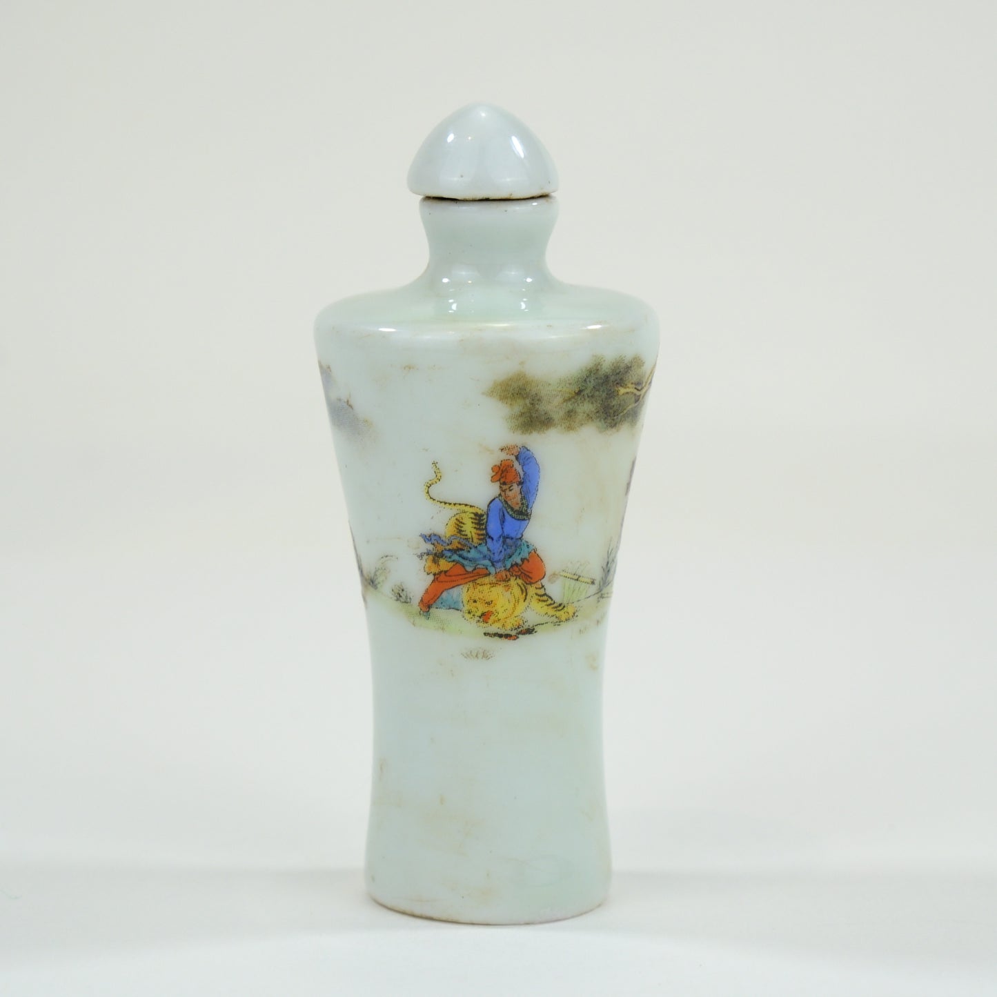 Vintage Chinese Porcelain Snuff Bottle Warrior on Tiger w/ Stopper 3"