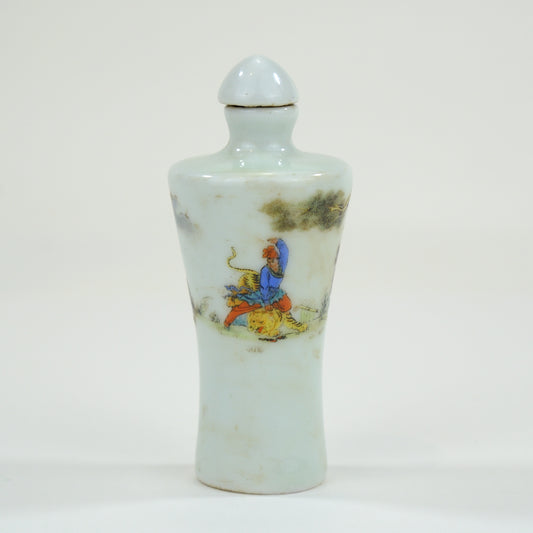 Vintage Chinese Porcelain Snuff Bottle Warrior on Tiger w/ Stopper 3"