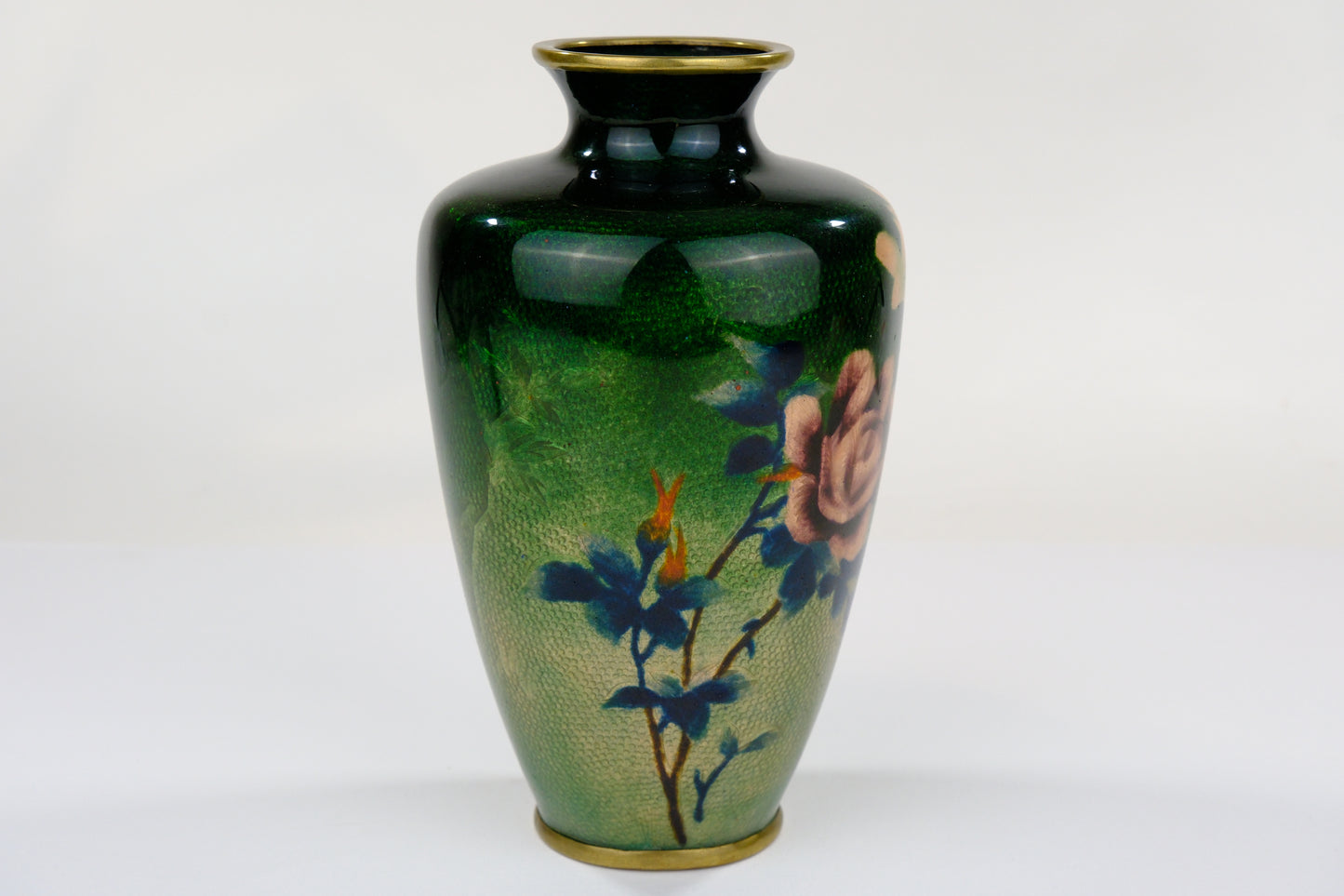 Antique Japanese Meiji Era (c1880) Cloisonné Vase Rose Over Metallic Emerald Green 7”