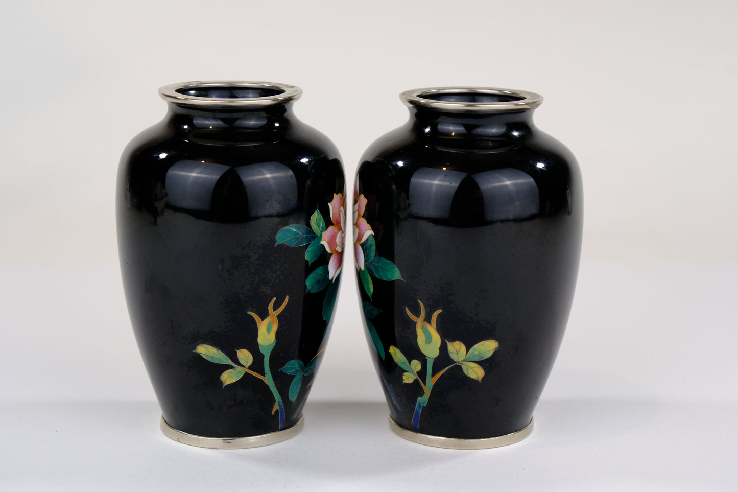 Antique Japanese Meiji Era (c1880) Cloisonné Vases x2 PAIR Pink Roses Black   3.5”