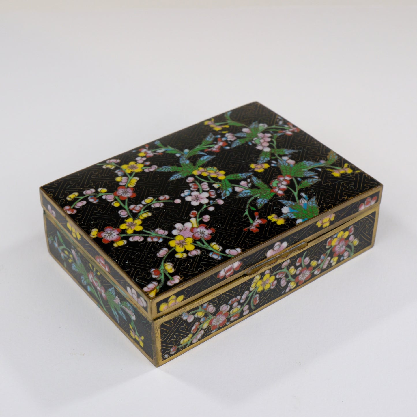 Antique Chinese c1910's Cloisonné Hinged Box w/ Floral Motif on Black 5"