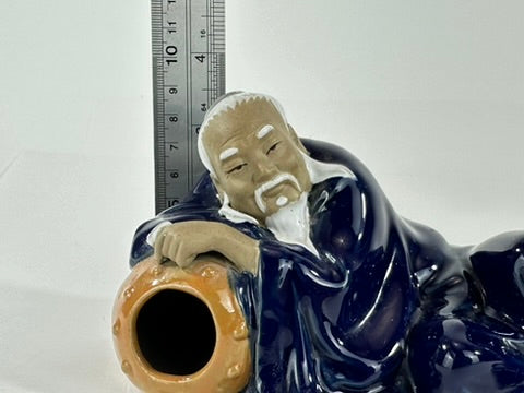 Vintage Chinese Ceramic Li Bai Drunk Poet Reclining Figure Brush Rest Cobalt Blue Glaze 7"