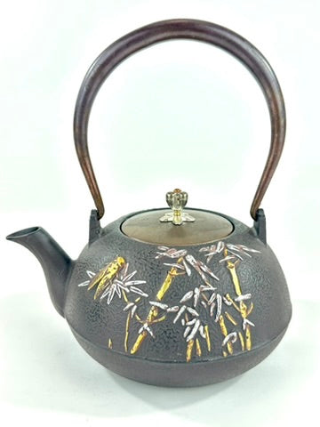 Vintage Japanese Cast Iron Tetsubin Bamboo Cicada Gold Silver Brass Lid Showa 8"W LS#149
