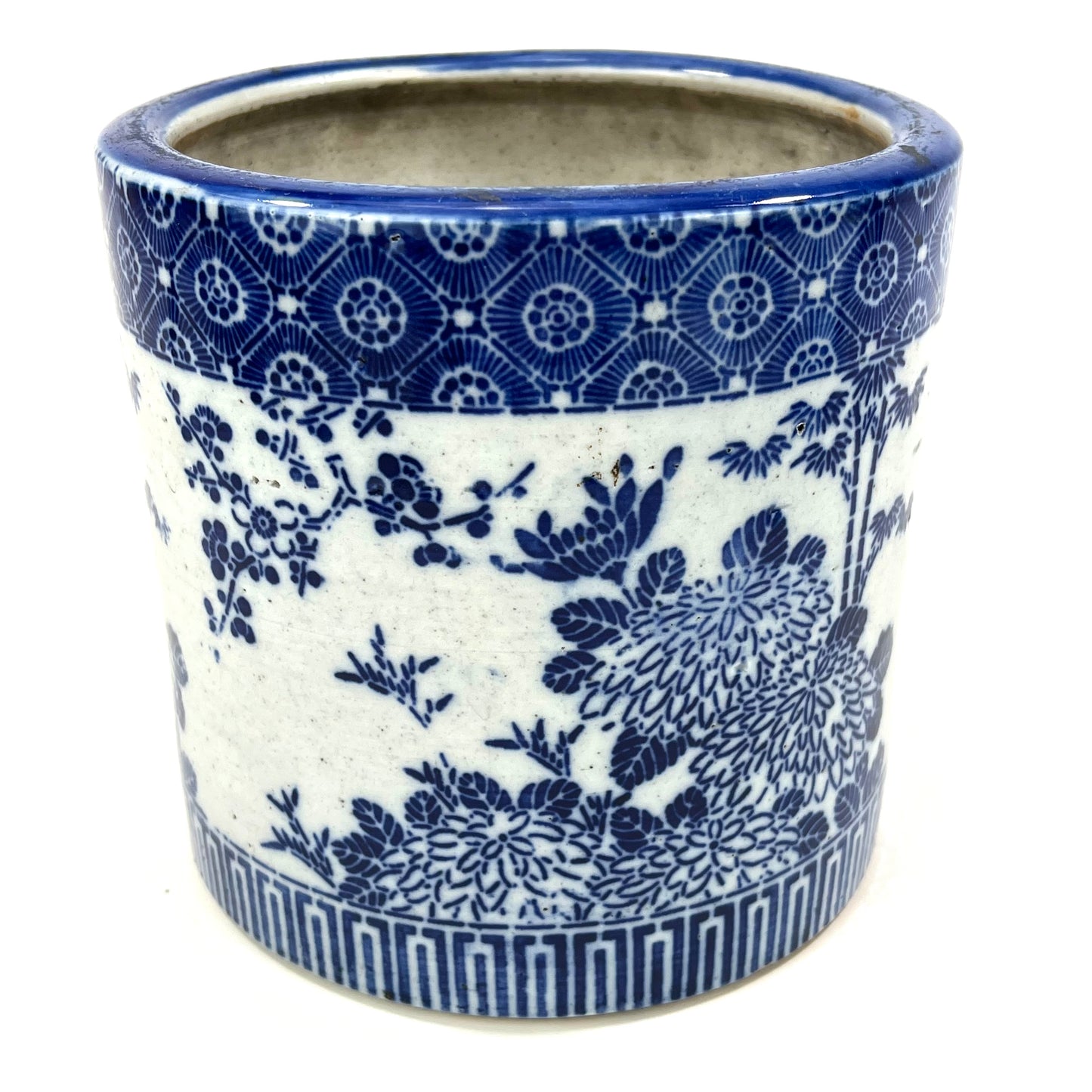 Antique Japanese Meiji Era small Ceramic Blue & White Hibachi Brazier 6”