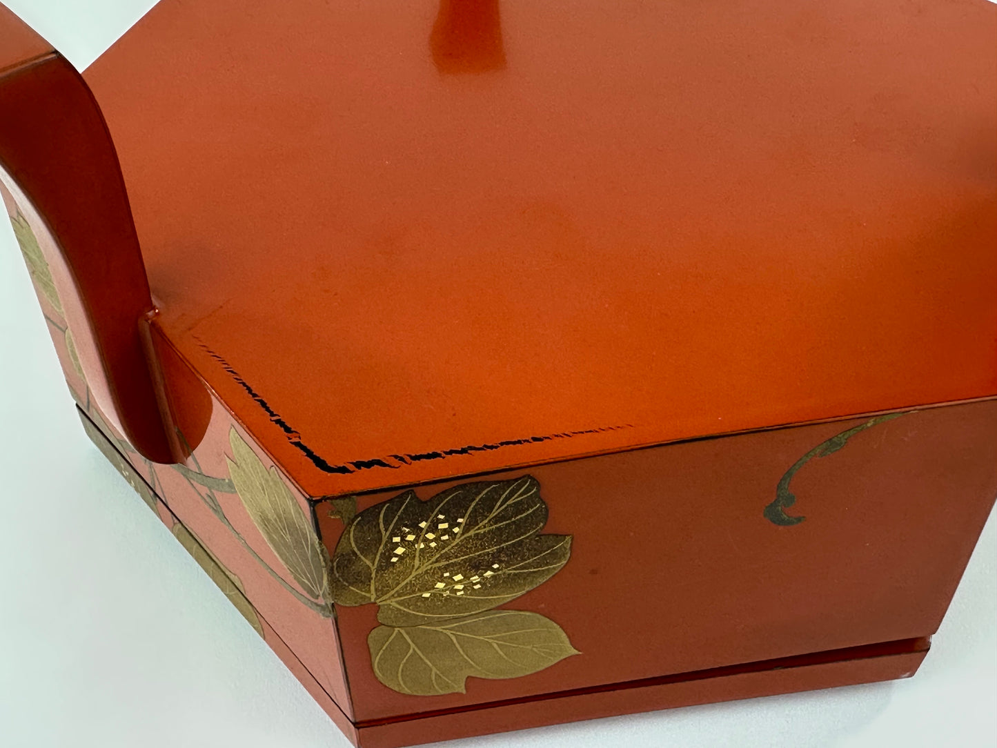 Antique Japanese Vermilion Hexagonal Lacquer Box Gold Maki-e Floral Motif