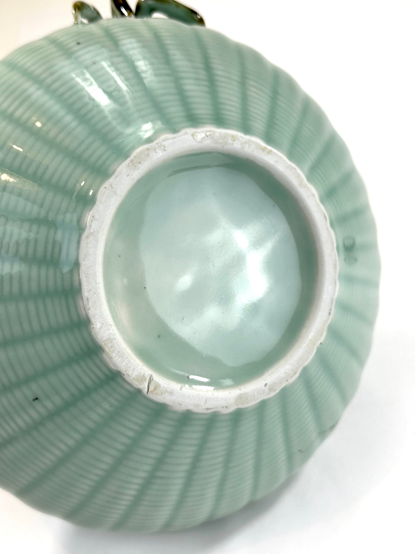 Vintage Japanese Celadon Basket-Weave Vase with Applied Crab 9.5"