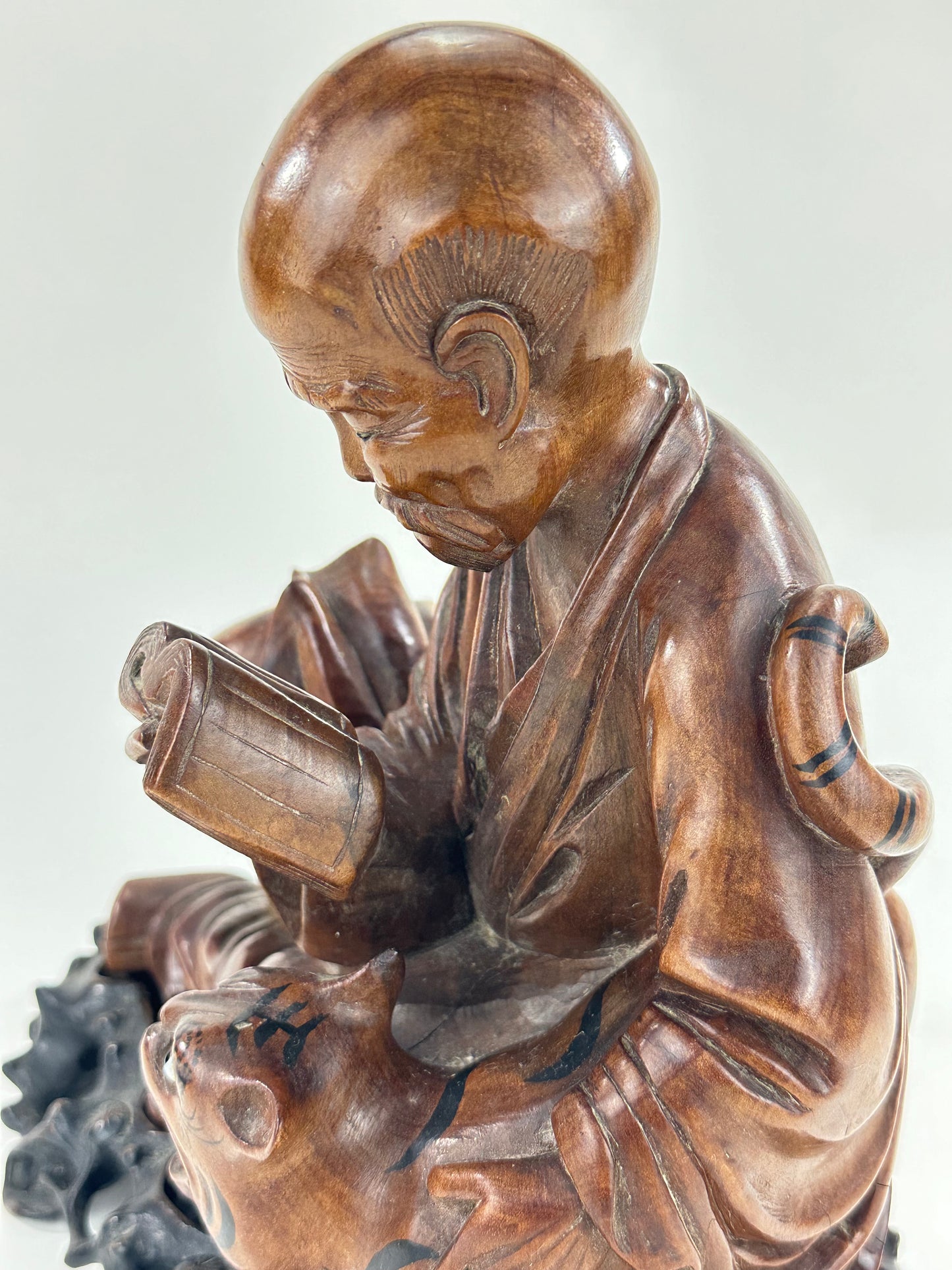 Antique Chinese Carved Wooden Statue of Immortal w/ Tiger 10”
