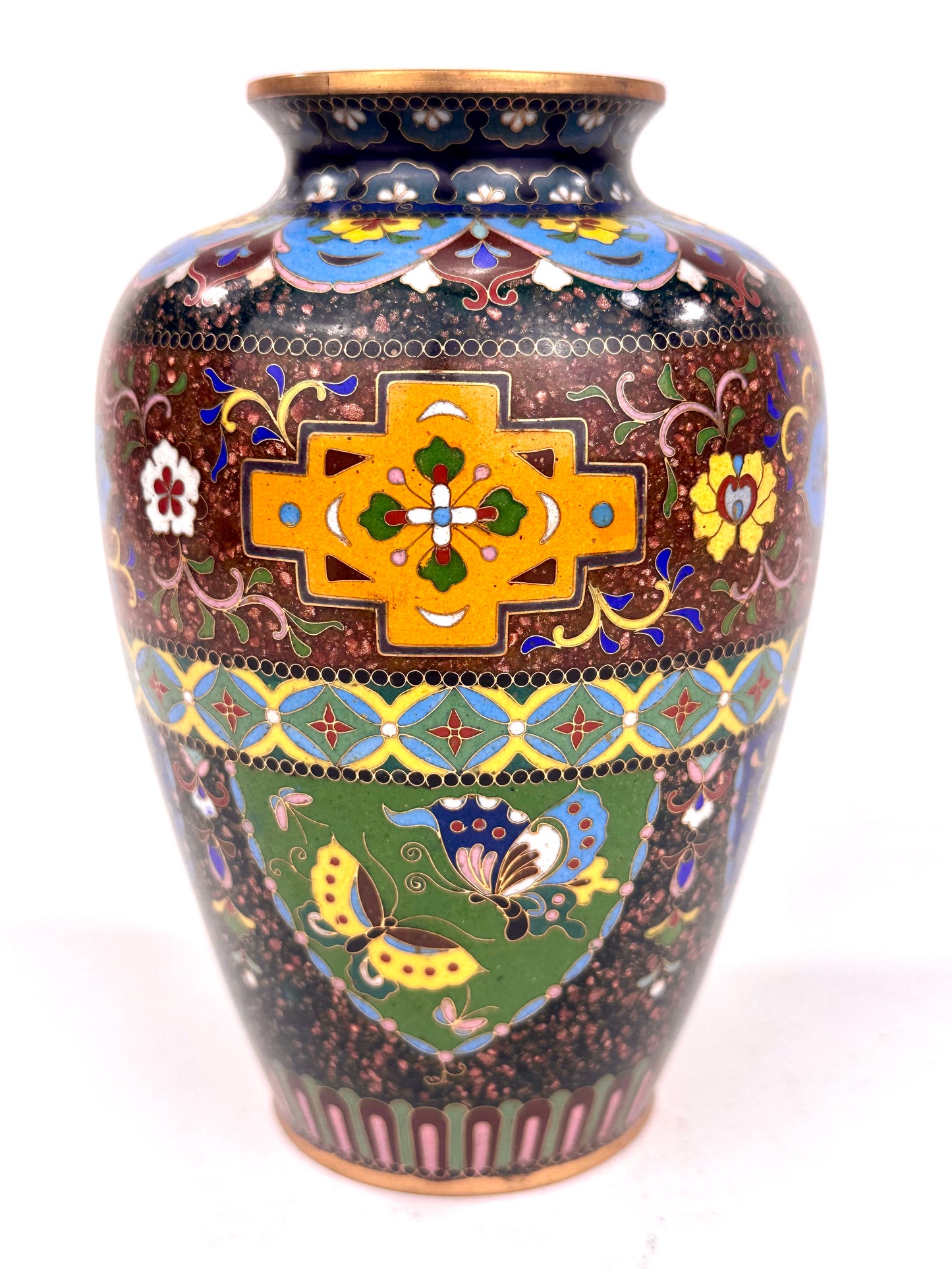 Antique Japanese Meiji Era (c1880) Cloisonné Vase Floral & Vine Motif 6”