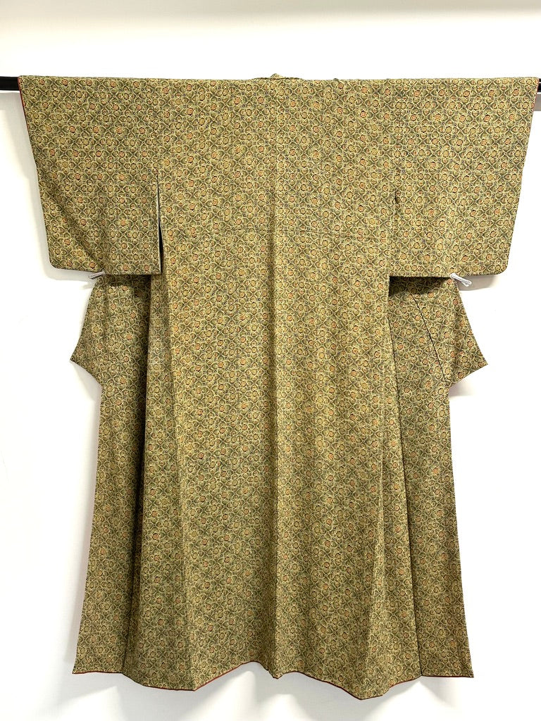 Vintage Japanese Silk Komon Kimono Shippo Floral Repeat Rikyu Olive Showa