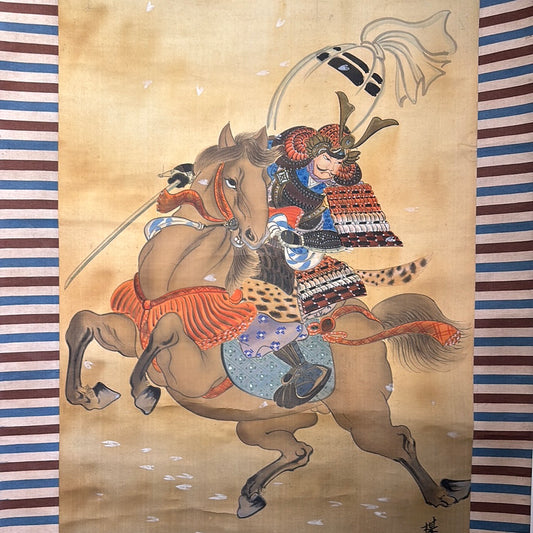 Japanese Scroll Hand Painted on Silk Taisho Era Samurai on Horseback 71"