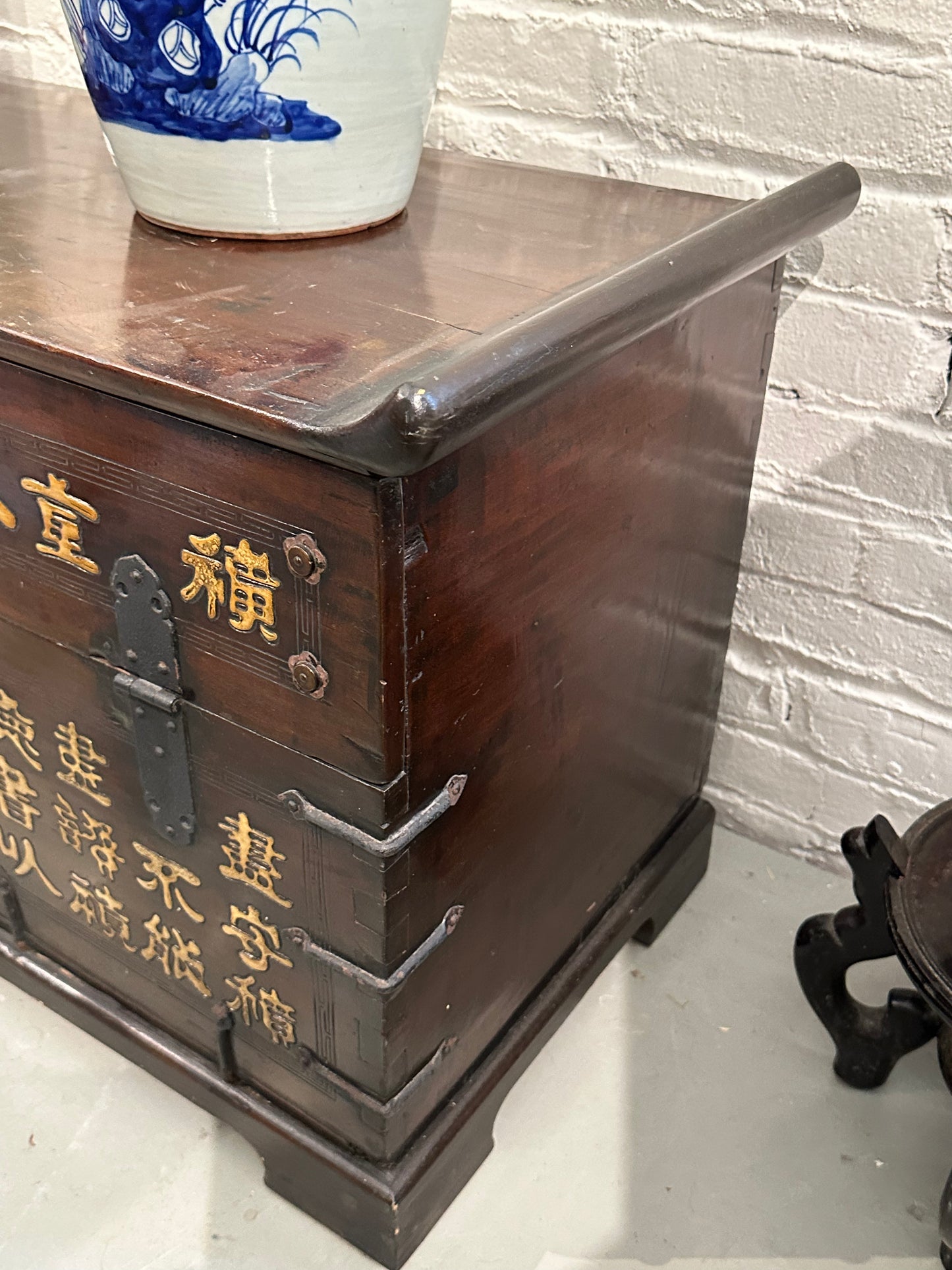 Antique Korean Trunk Chest w/ Calligraphy Koi Lock