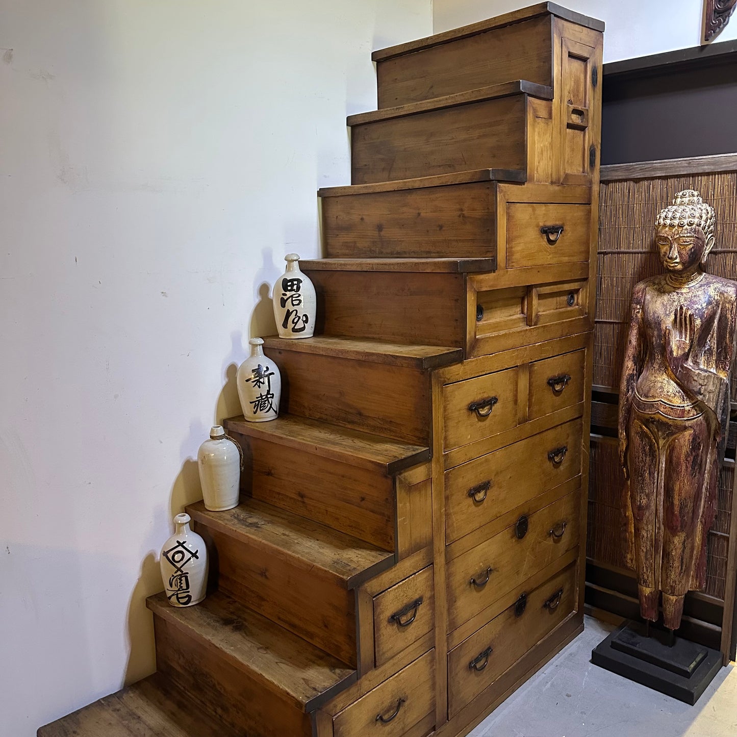 Antique Japanese Meiji Era (1868-1912) Kaidandansu Stair Tansu Sugi Wood 88"H