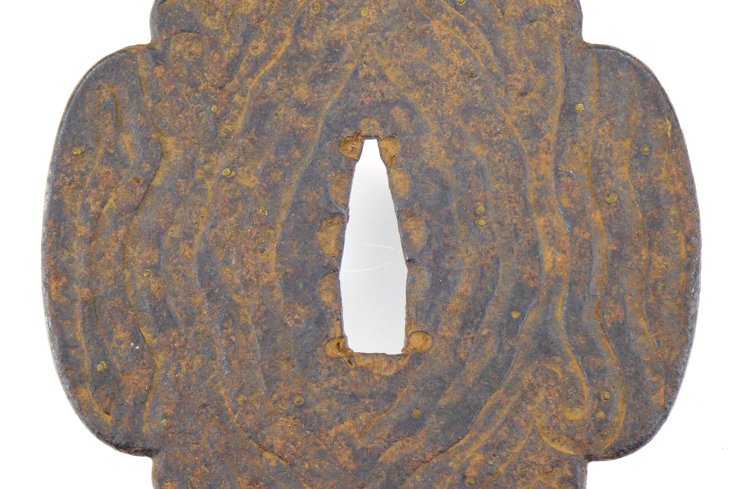 Antique Japanese Samurai Used Iron Tsuba Sword wood grain w/ Golden dew inlay