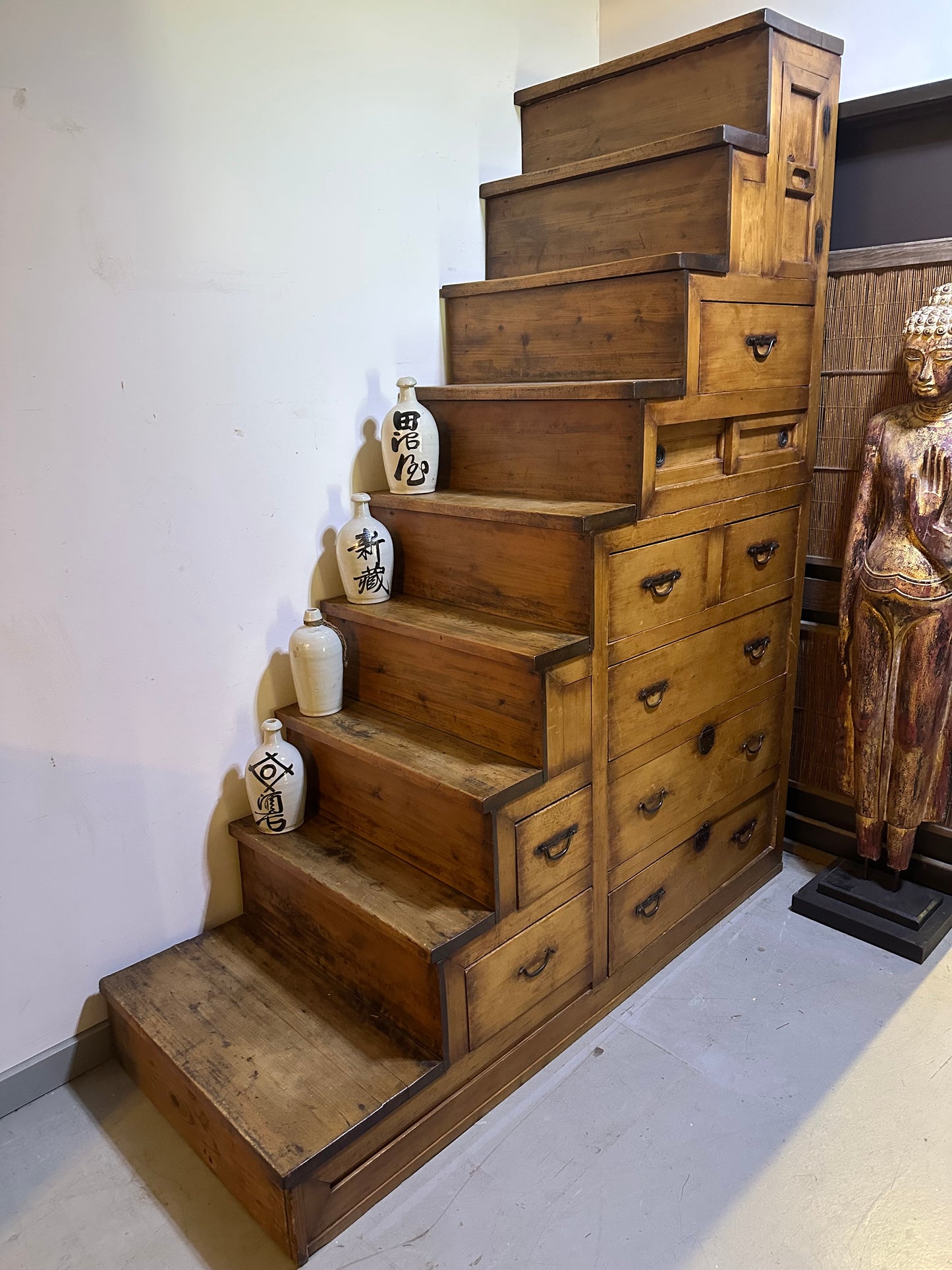 Antique Japanese Meiji Era (1868-1912) Kaidandansu Stair Tansu Sugi Wood 88"H