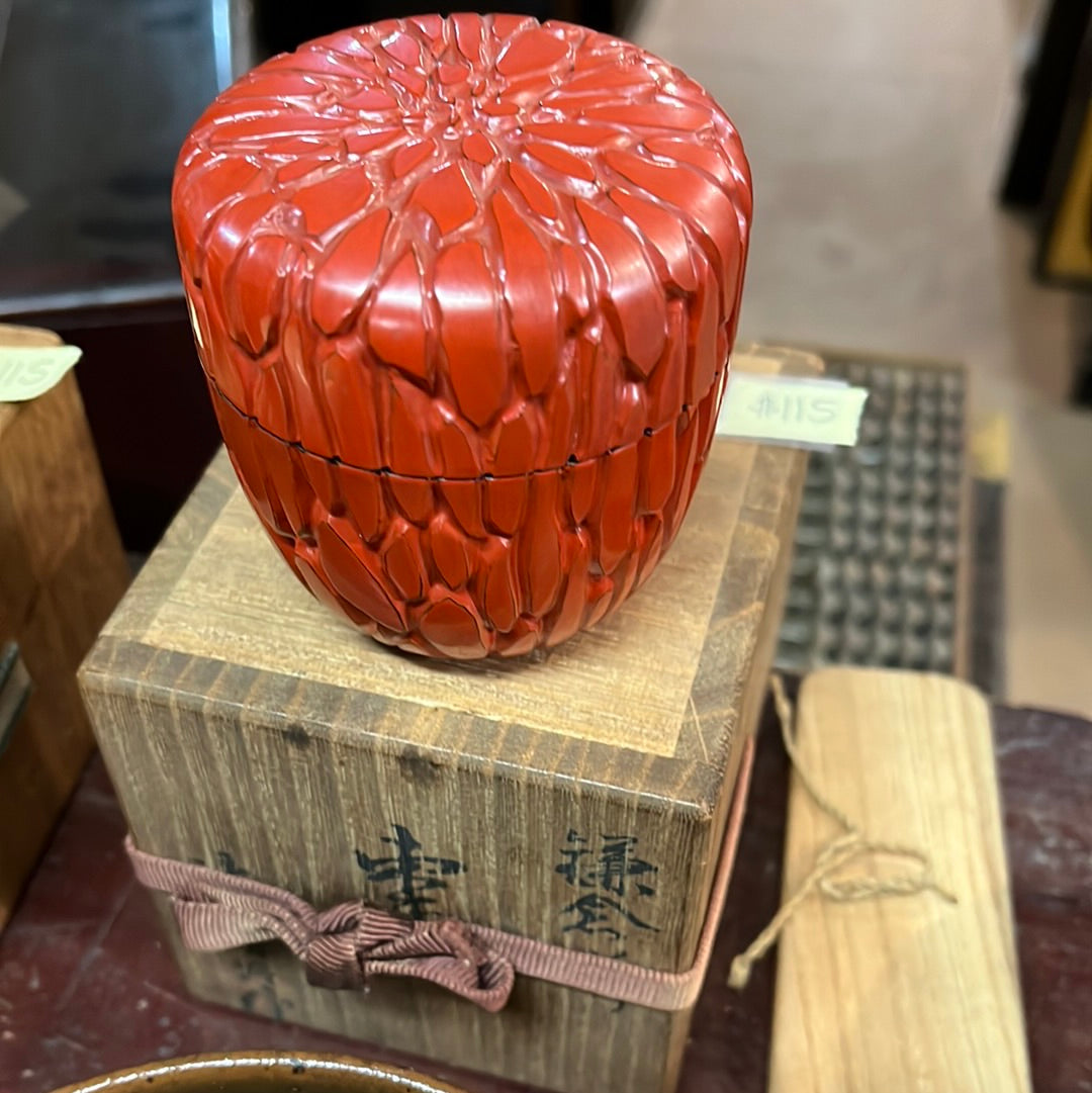 Japanese Natsume Tea Ceremony Caddy Kamakura-bori Red Signed 湯川 清谷 3”