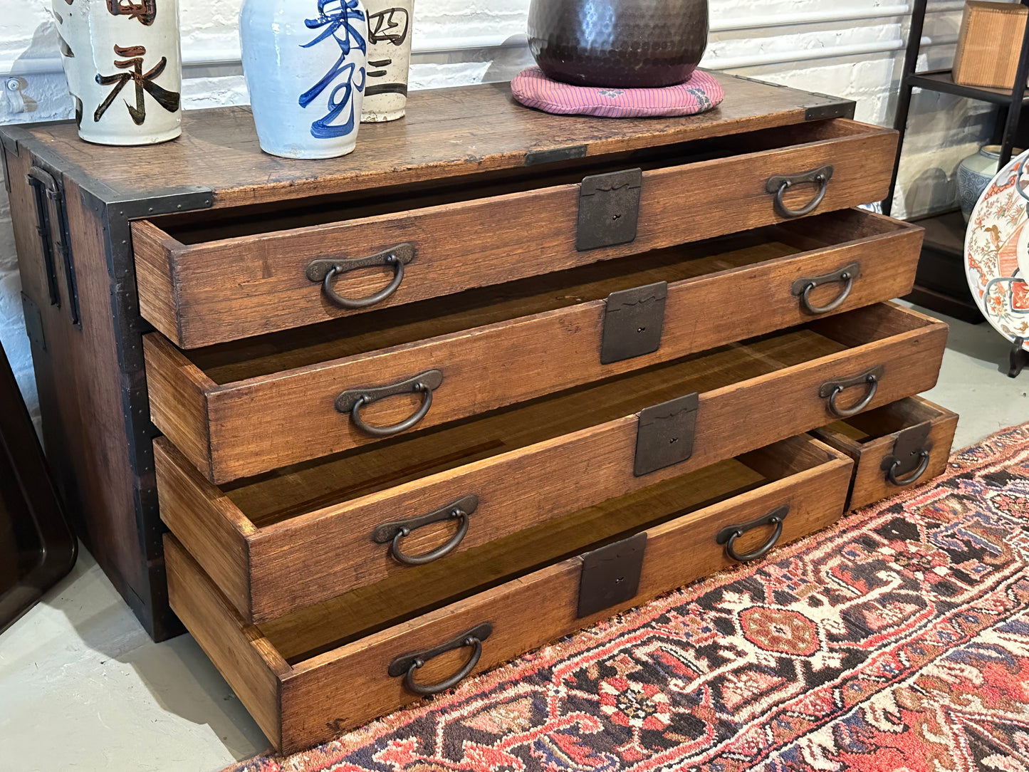 Antique Japanese Meiji Era c1880 Katana Sword Tansu Chest Kiri Wood 44"W