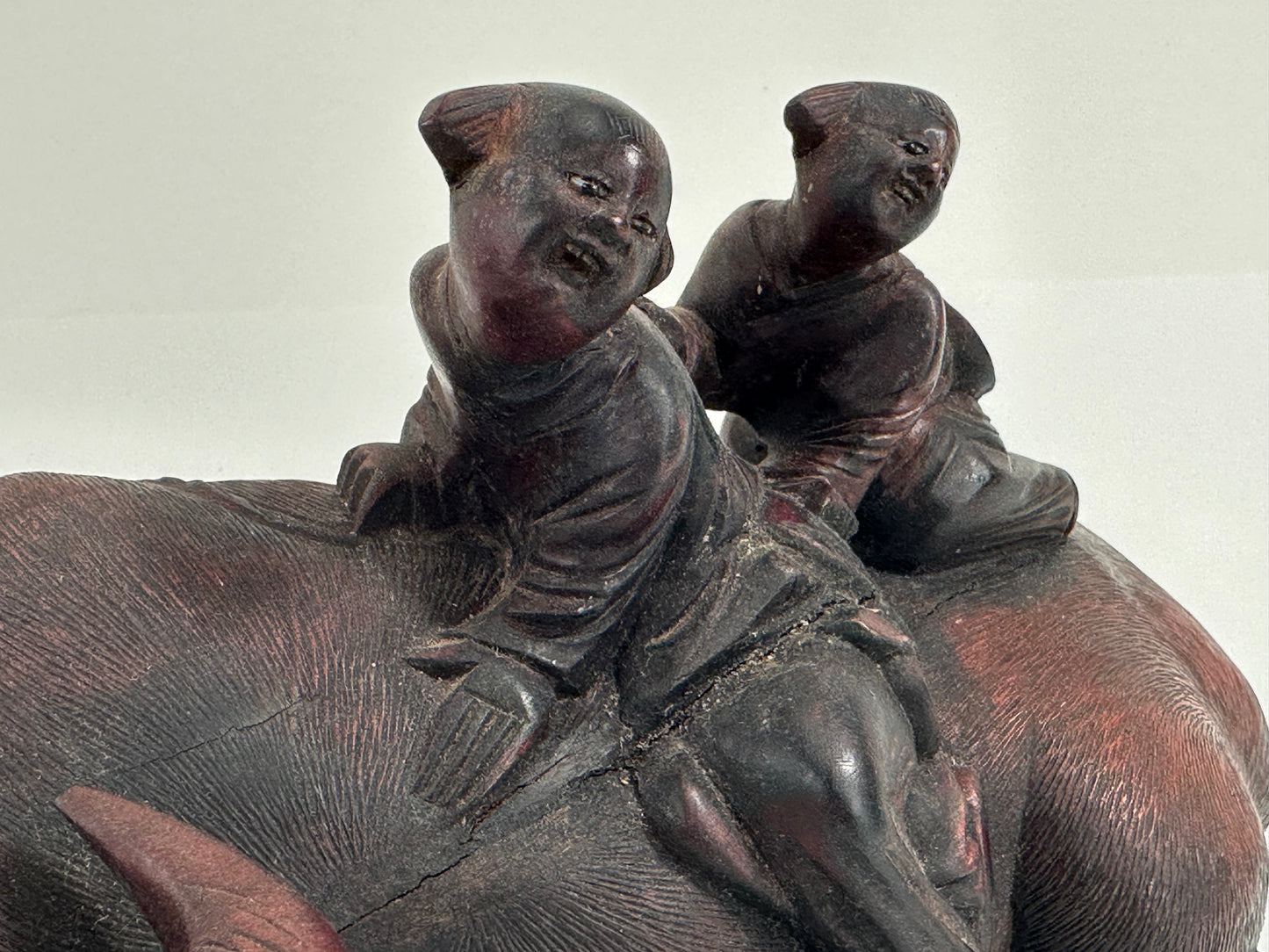 Antique Chinese Hand Carved Wooden Sculpture Buffalo & Children 14”