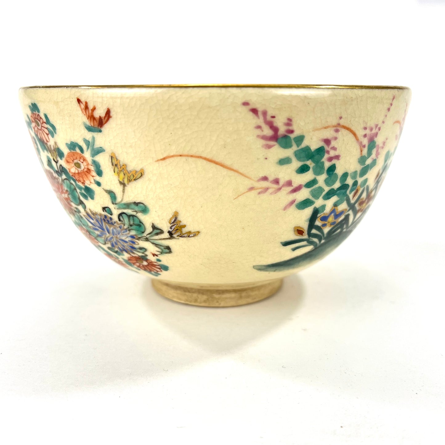 Signed Tea Ceremony Chawan Tea Bowl w/ Flowers & Seascape 5”