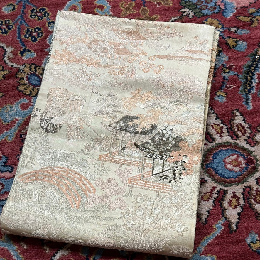 Antique Japanese Silk Obi Sash Garden Pavilion and Bridge Scene 13′L