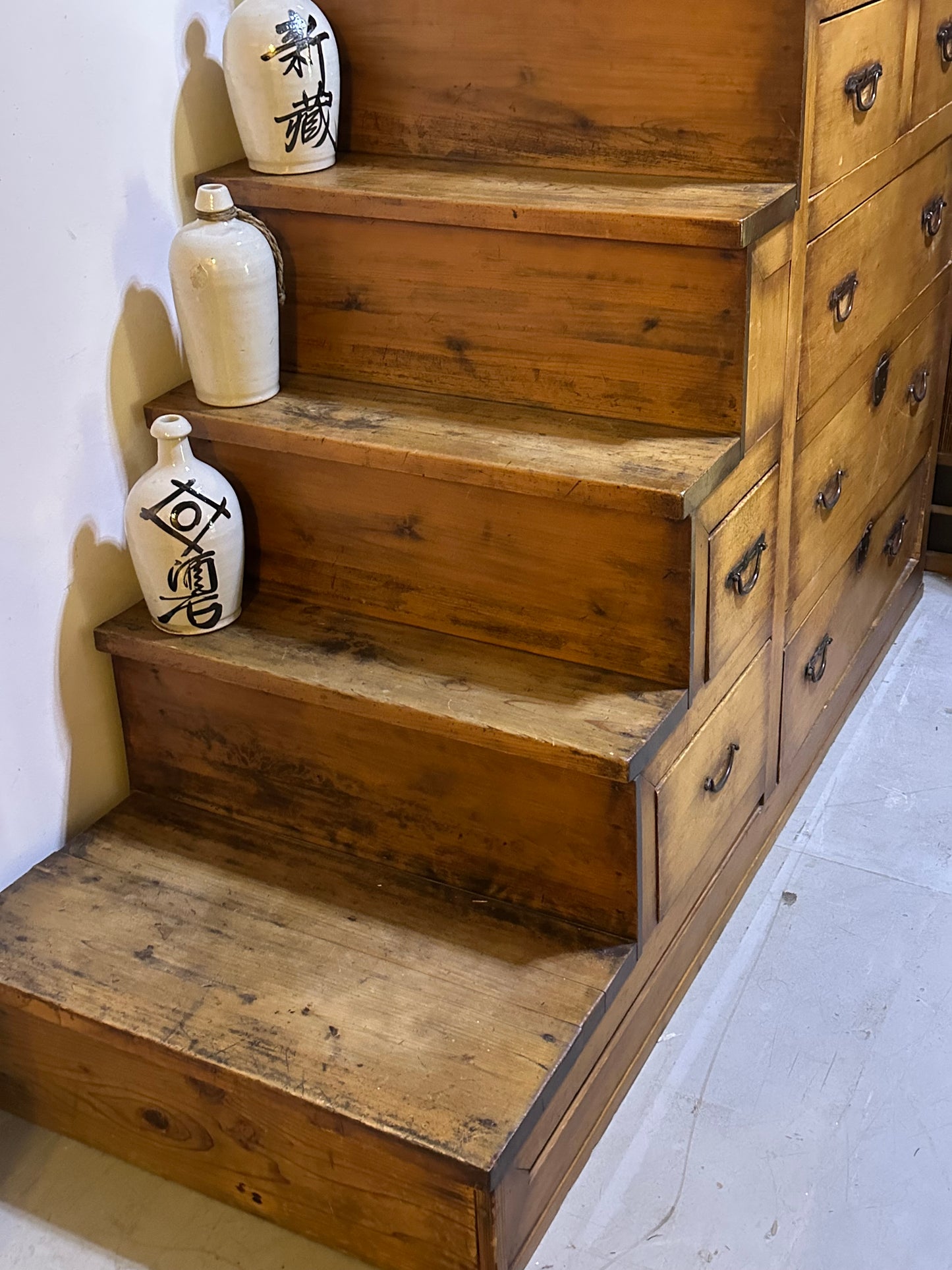 Antique Japanese Meiji Era (1868-1912) Kaidandansu Stair Tansu Sugi Wood 88"H