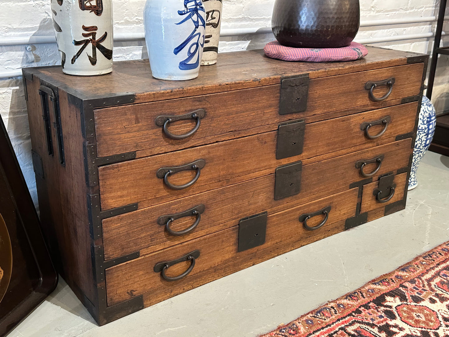Antique Japanese Meiji Era c1880 Katana Sword Tansu Chest Kiri Wood 44"W