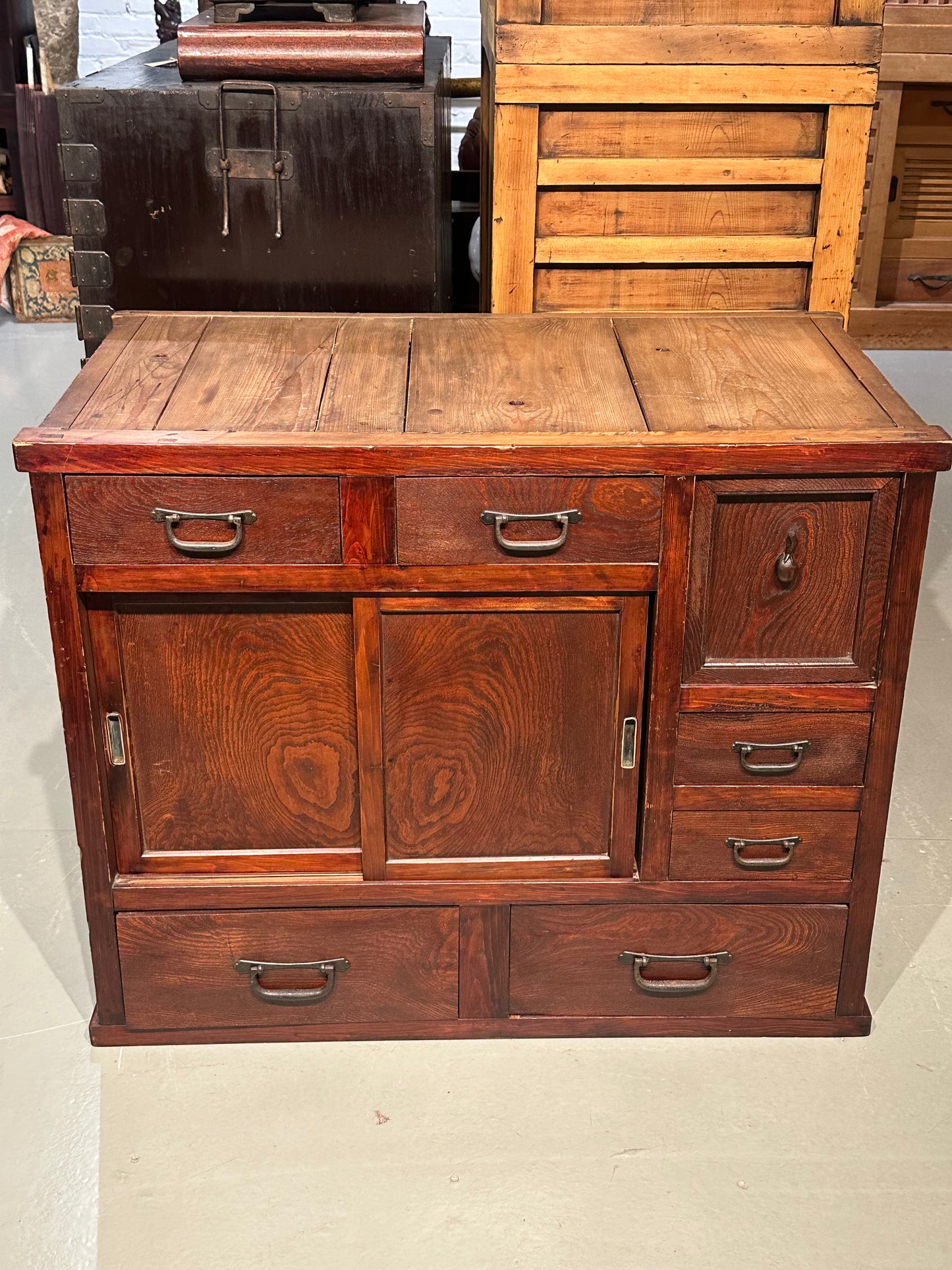 Antique Japanese Meiji Era Chobadansu Keyaki Elmwood Tansu Chest 34"W