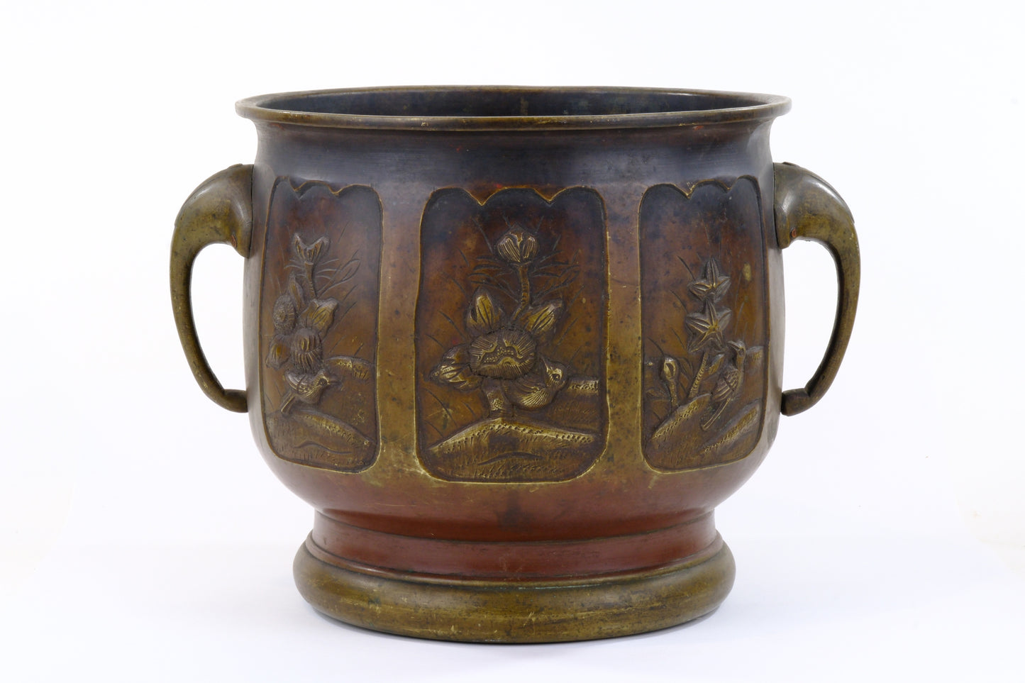 Antique Japanese Meiji Era Bronze Hibachi Brazier Floral Motif 9"H