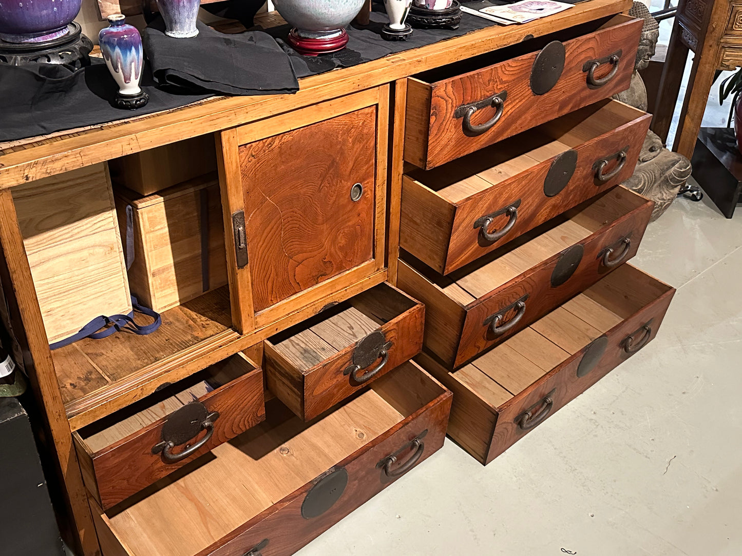 Antique Japanese Tansu Meiji Era (1868-1912) Keyaki Elm Tansu Chest 65"W