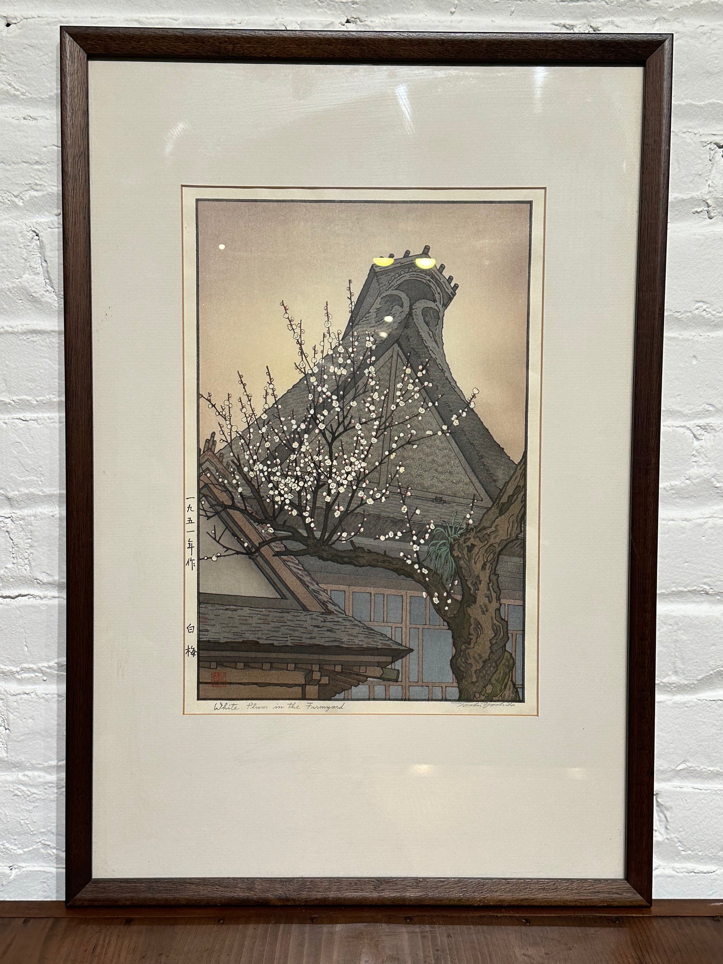 Toshi Yoshida Woodblock Print White Plum in the Farmyard 1951 in Frame