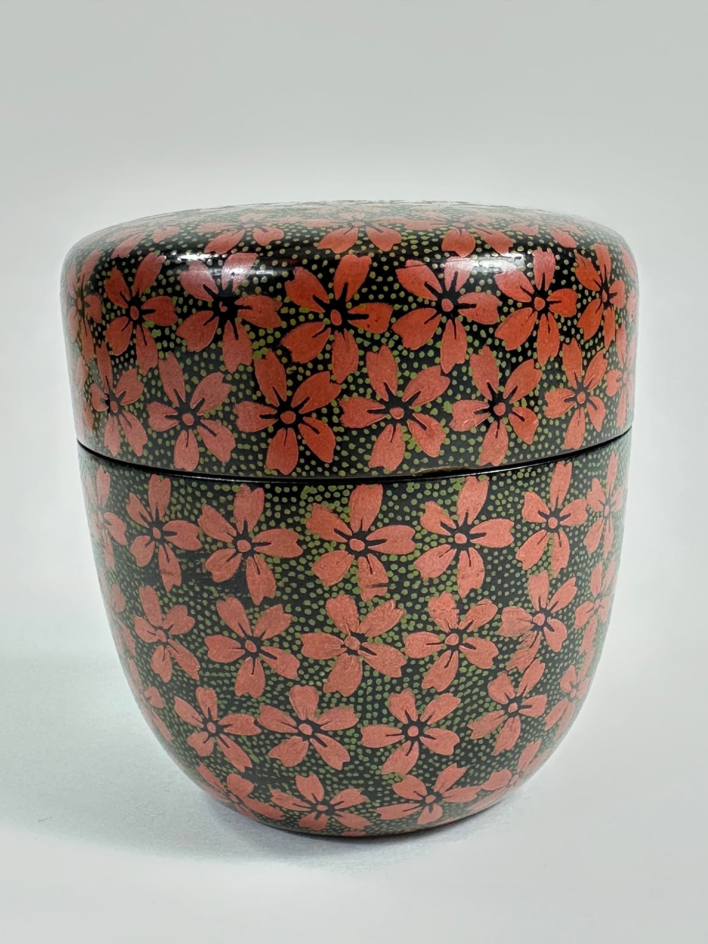 Vintage Japanese Tea Ceremony Natsume Black Lacquer Cherry Blossoms 3"