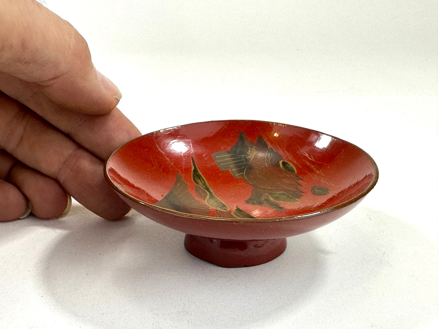 Antique Japanese Wooden Red Lacquer Sakazuki Sake Cup Gold Makie 3”