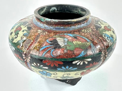 Japanese Meiji Cloisonne Shippo Vase Phoenix Floral Three Feet Red Brown 3"H